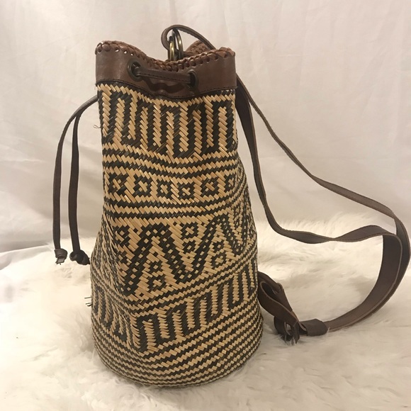 Handmade Woven Bamboo and Leather Backpack - Picture 2 of 8